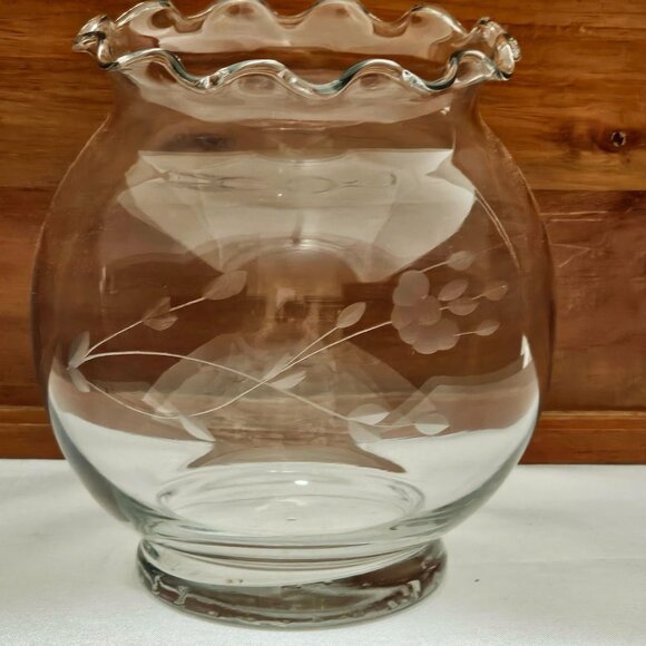 Princess House Heritage Rose Bowl 5in Flower Vase etched ruffle edge crystal vtg - Picture 3 of 4
